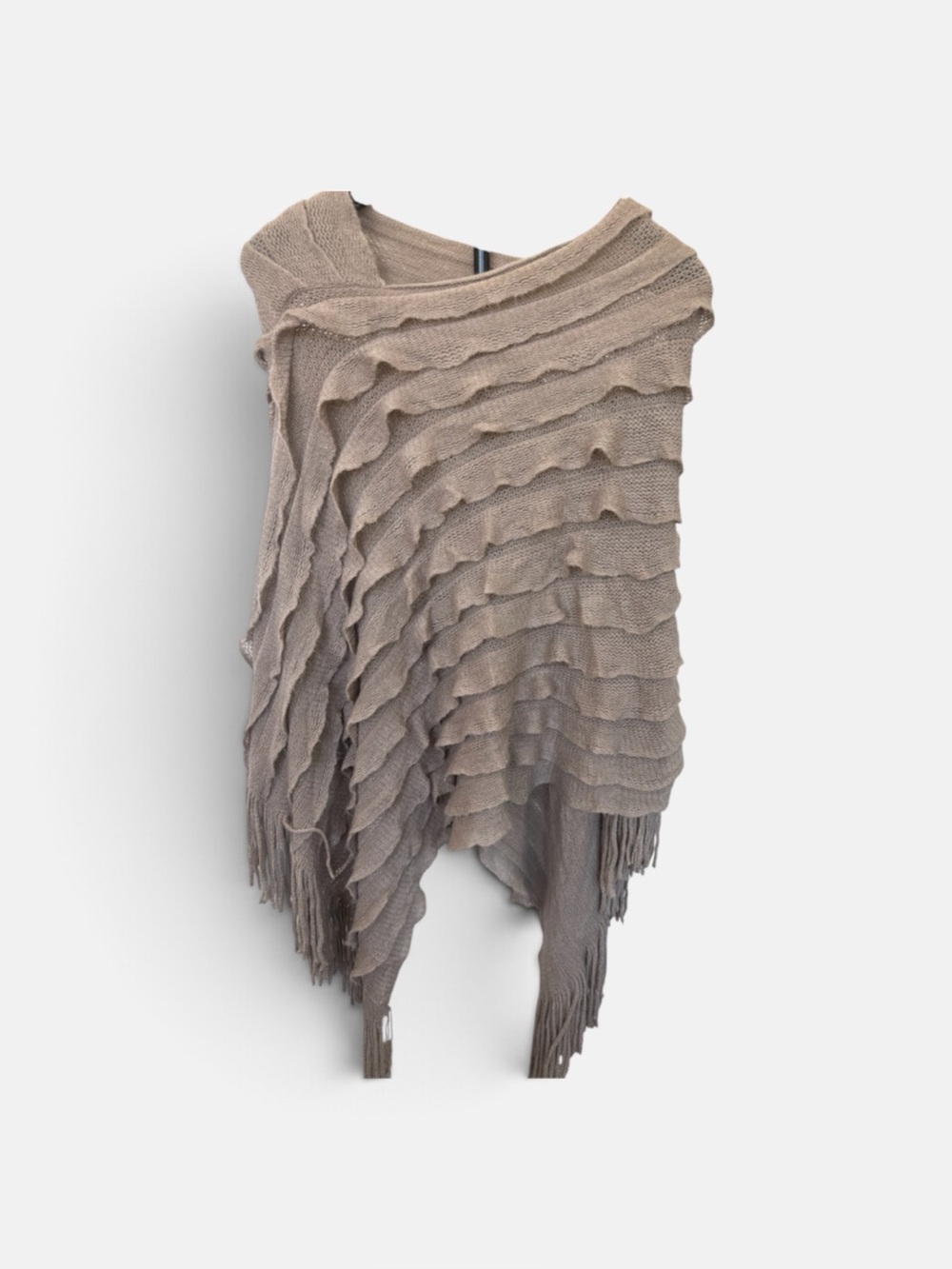 Boho Ruffle Knit Poncho Wrap Taupe Fringe Asymmetrical Lagenlook